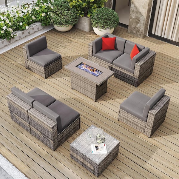 Sizzim 8-Piece Gray Wicker Outdoor Patio Conversation Set with 44 in. Fire Pit ,Gray Cushions and Coffee Table