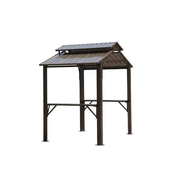 Unbranded 8 ft. x 5 ft. Hardtop Grill Gazebo with Double Roof, Permanent Sun Shade with 2 Side Shelves and Ceiling Hook, Brown