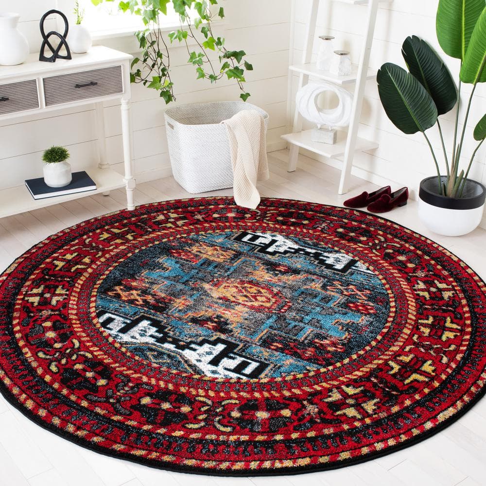 Vintage Red and Blue Round Floral Synthetic Rug