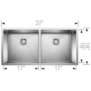 Precision Satin Polished Stainless Steel 37 in. x 18 in. 0-Hole 50/50 Double Bowl Undermount Kitchen Sink