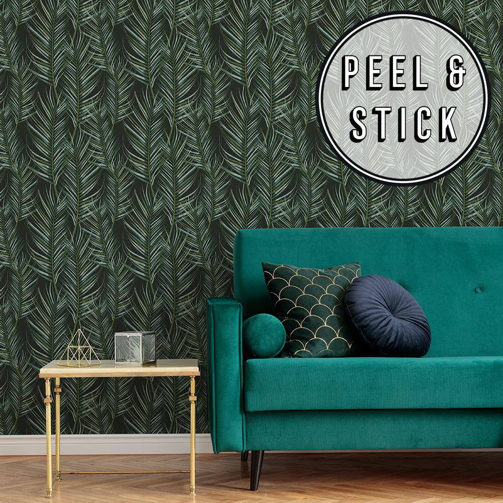 Modern Green and Black Palm Leaf Peel and Stick Wallpaper Roll