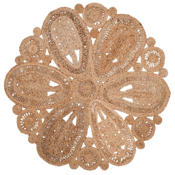 Natural Fiber Beige 6 ft. x 6 ft. Round Floral Area Rug