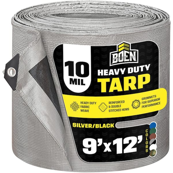 BOEN 9 ft. x 12 ft. Heavy-Duty Commercial Silver/Black Tarp Cover 10 Mil Thick Weave Material, Waterproof