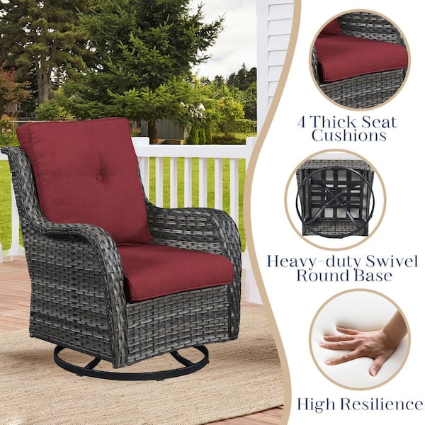 Gray 3-Piece Wicker Patio Conversation Deep Seating Set with Gray Cushions All-Weather Swivel Rocking Chairs