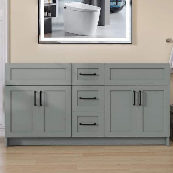 72 in. MDF Bath Vanity Cabinet without Top in Sky Grey Unassembled w/ 3 Drawers and 4 Doors, Soft Closing Floor Cabinet