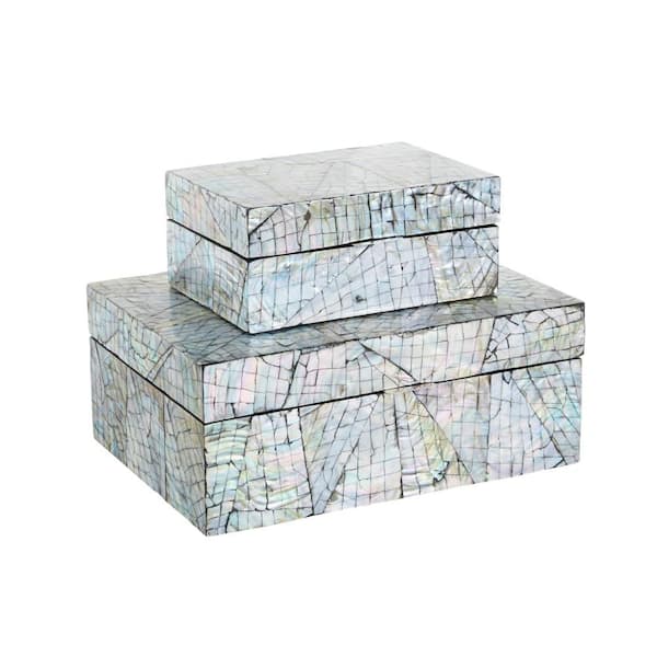Litton Lane Rectangle Mother of Pearl Shell Handmade Angular Mosaic Storage Abstract Box with Iridescent Finish (Set of 2)