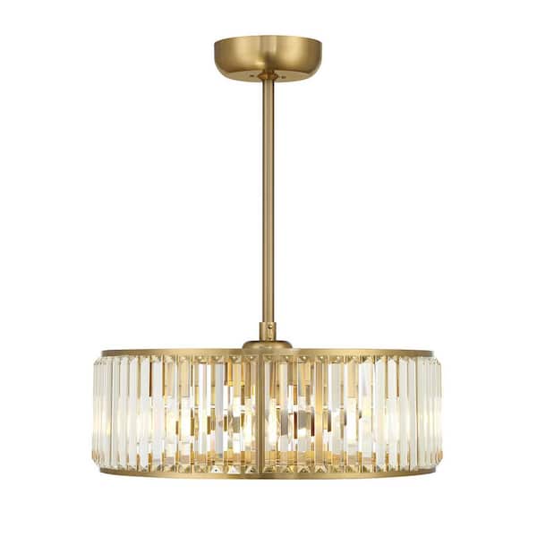 Janus 23 in. W 5-Light Indoor Warm Brass Ceiling Fan D'Lier with Crystal Glass Shade, Bulbs and Remote Control Included