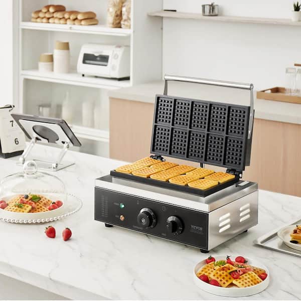 Commercial Waffle Maker 1550 W 10-Waffle Silver Waffle Cone Waffle Maker Non-Stick Stainless Steel Belgian Waffle Iron