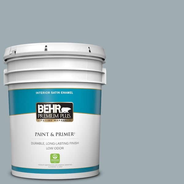 BEHR PREMIUM PLUS 5 gal. #ECC-30-1 Pelican Bay Satin Enamel Low Odor Interior Paint & Primer