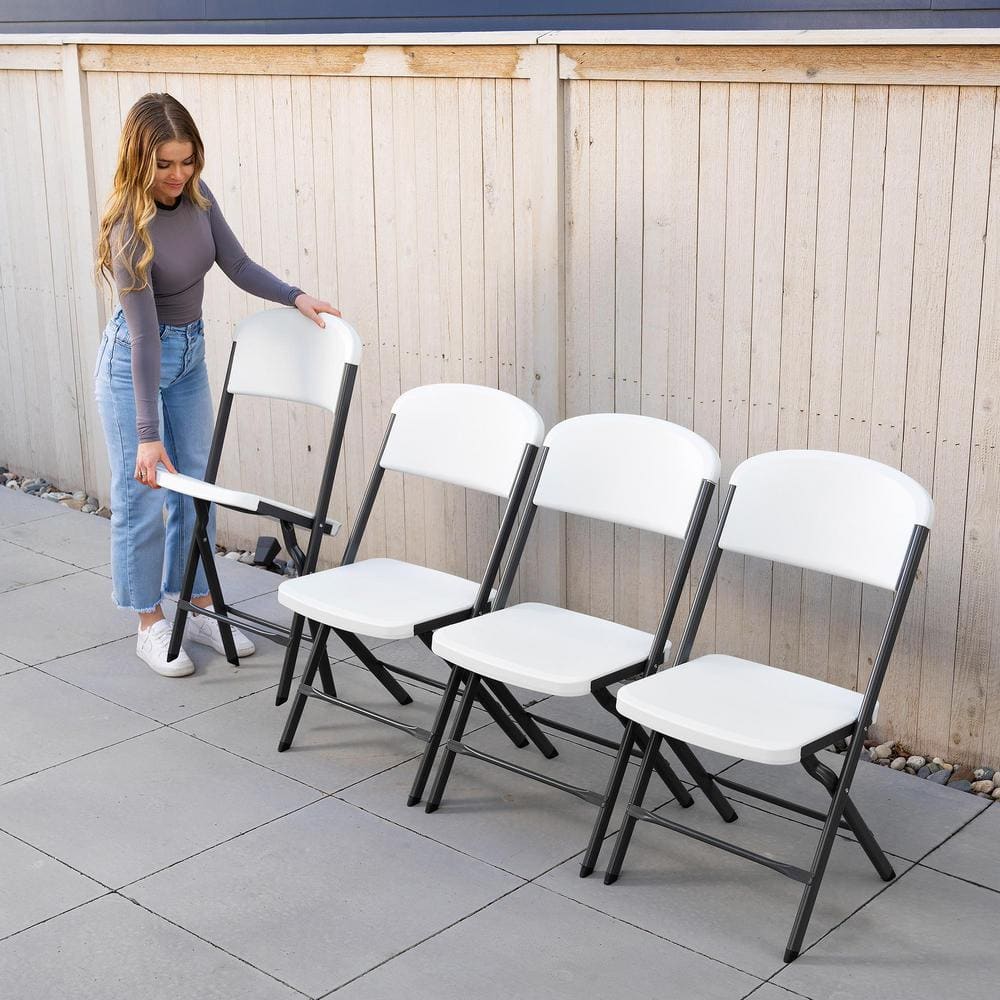 White Granite Polyethylene Folding Chair Set with Steel Frame, 4-Pack