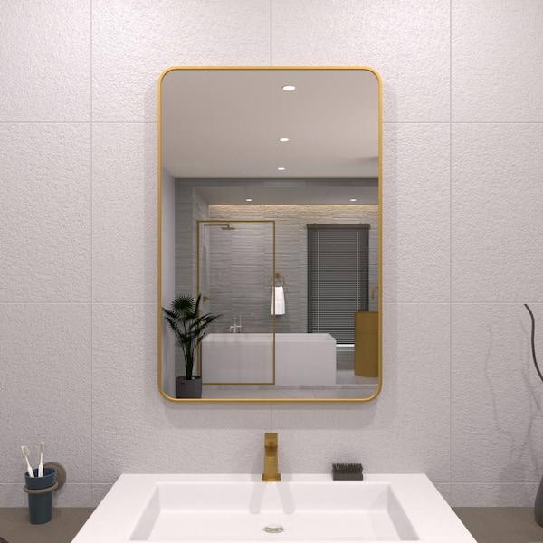 TaiMei 24 in. W x 36 in. H Rectangular Framed Wall Bathroom Vanity Mirror in Gold