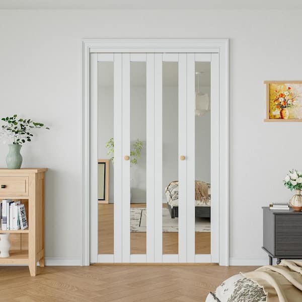 48 in. x 80 in. 1 Lite Mirrored Glass Solid Core Composite MDF White Primed Bi-fold Door with Hardware