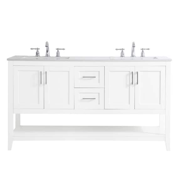 Unbranded Simply Living 60 in. W x 22 in. D x 34 in. H Bath Vanity in White with Calacatta White Engineered Marble Top