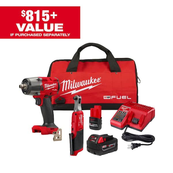 M18 FUEL 18V Cordless Mid Torque 1/2 in. Impact Wrench w/ M12 FUEL 3/8 in. Ratchet & Battery/Charger Combo Kit