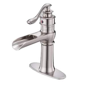 Waterfall Single Hole Single-Handle Low-Arc Bathroom Faucet With Supply Line in Brushed Nickel