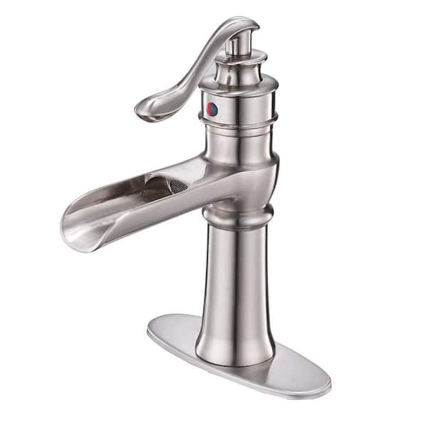 BWE Waterfall Single Hole Single-Handle Low-Arc Bathroom Faucet With Supply Line in Brushed Nickel