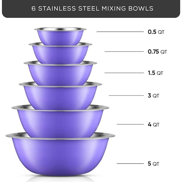 JoyJolt Stainless Steel Mixing Bowl - Purple - Set of 6