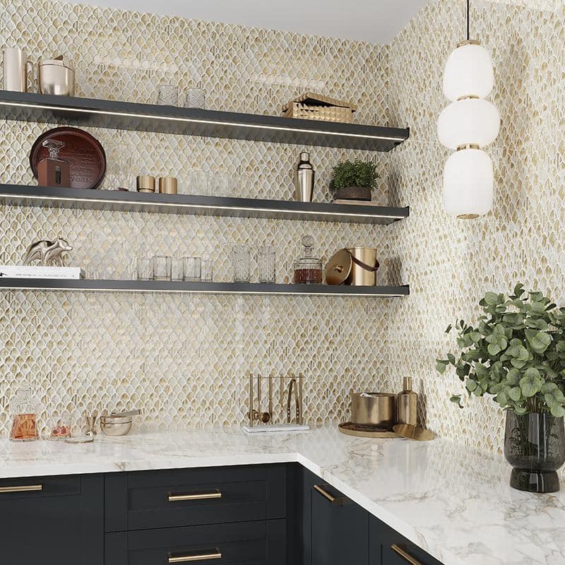 Majeste Glossy Gold and White Glass Mosaic Wall and Floor Tile