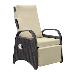 1-Piece Brown Wicker and Metal Outdoor Adjustable Recliner Chair with Khaki Removable Soft Cushion