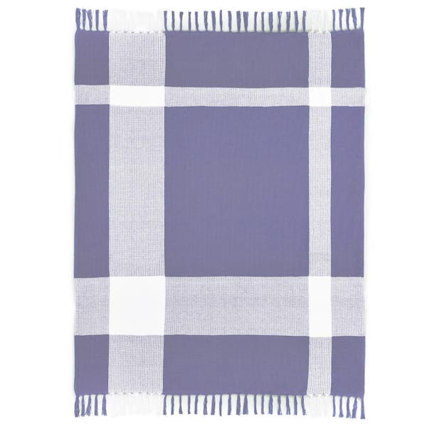 LR Home Hailee Purple/White Hand-Woven Plaid Farmhouse Organic Cotton Throw Blanket
