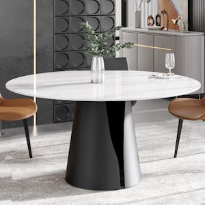 59.05 in. Round White Sintered Stone Top Black Carbon Steel Pedestal Base Dining Table (Seats-8)