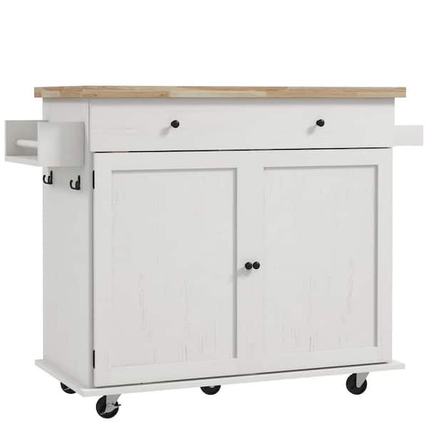 Tileon White Rubber Wood 45.5 in. Kitchen Island Cart with Drawer, 2-Hooks, Adjustable Shelves, Spice Rack and Towel Rack