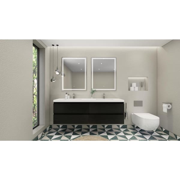 Unbranded Bohemia 72 in. W Bath Vanity in Rich Black with Reinforced Acrylic Vanity Top in White with White Basins