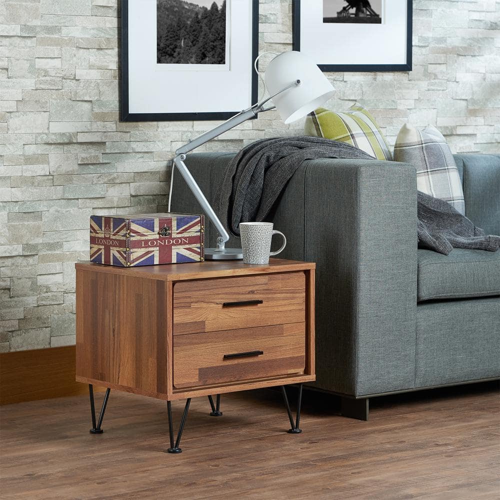 Elegant Walnut Finish 2-Drawer Accent Table with Metal Hardware