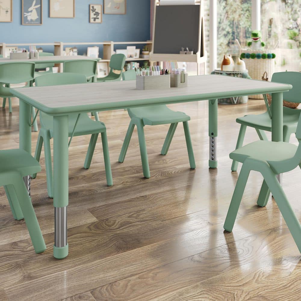 Wren Adjustable Light Gray Woodgrain/Sage Rectangle Kids Activity Table for 6
