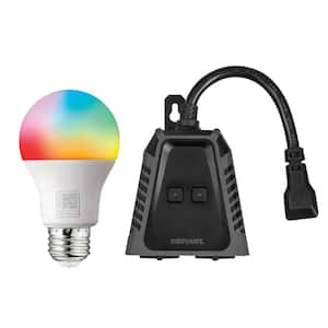 Smart Hubspace 15 Amp 120-Volt Wi-Fi and Bluetooth Outdoor Plug with A19 60-Watt Smart Color Changing Bulb Kit (2-Pack)