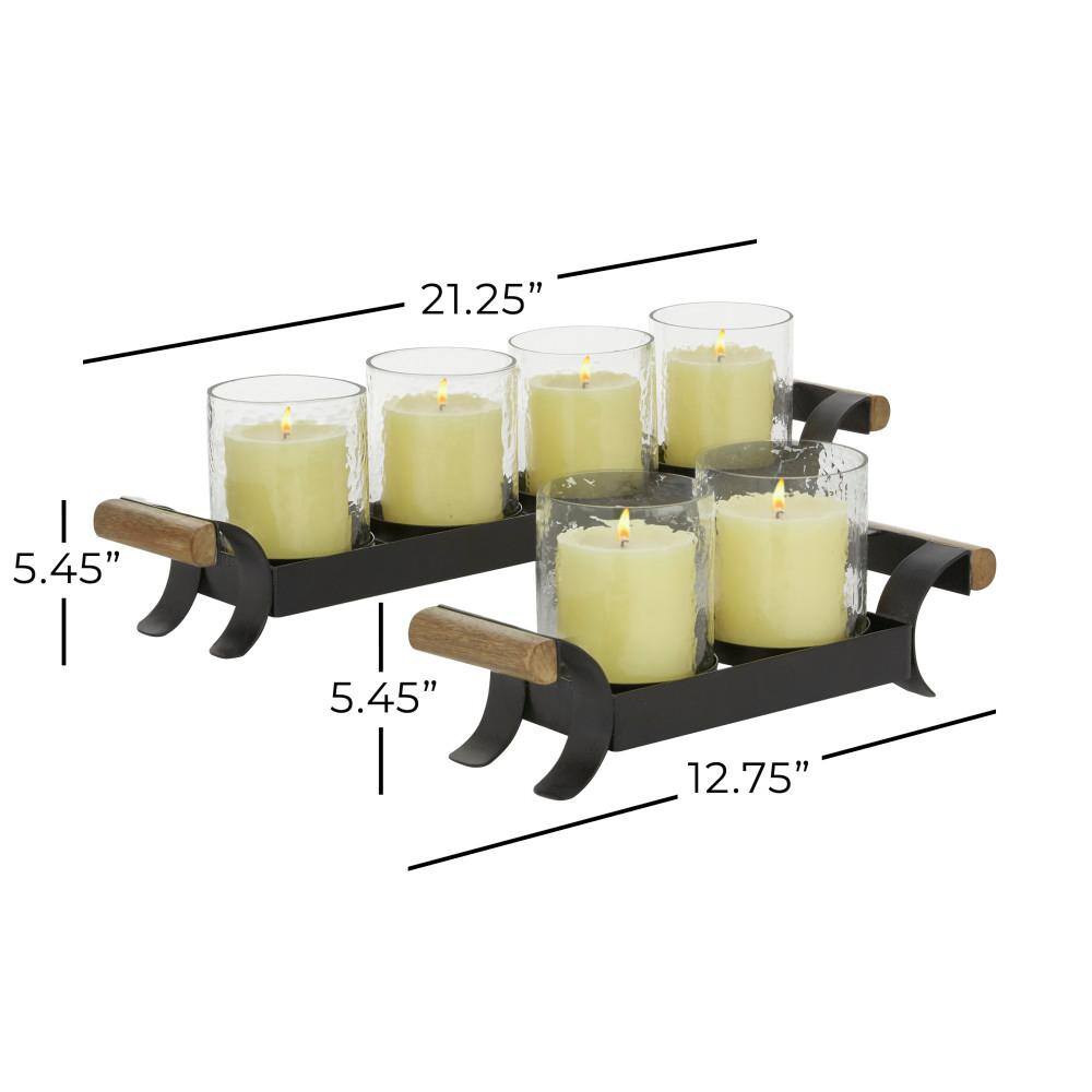 Black Metal and Wood Candle Holder Set with Glass Sleeves