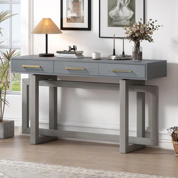 Antique Gray 57 in. W Elegant Rectangle MDF Top Console Table with 3 Drawers