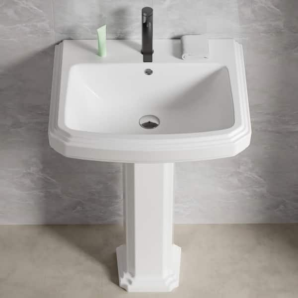 23 in. W x 19 in. D Pedestal Bathroom Sink Combo White Rectangular Vitreous China Sink with Overflow and 1-Faucet Hole