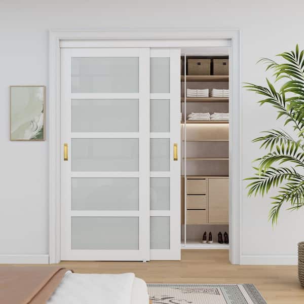 60 in. x 80 in. 5-Lite Frosted Glass Primed White MDF Closet Sliding Door No Grooving Golden Handles and Hardware