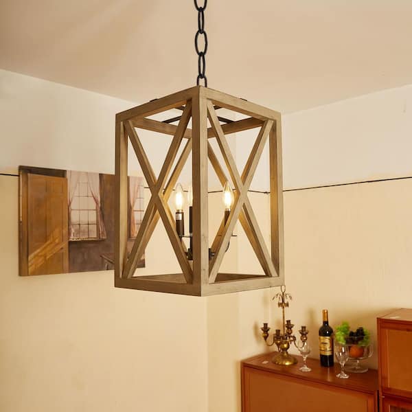 3-Light Anchor Grey Oak Matte Black Lantern Rectangle Chandelier