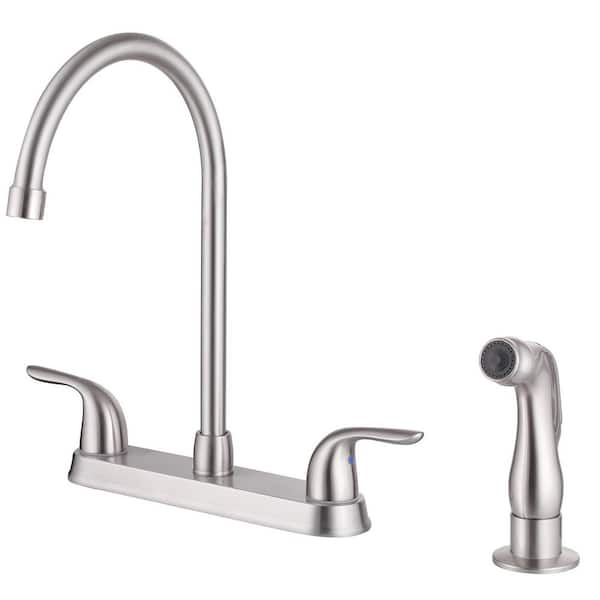 2-Handles Deck Mount 8 Inch Centerset Standard Kitchen Faucet with Side Sprayer 3 Hole or 4 Hole in Brushed Nickel