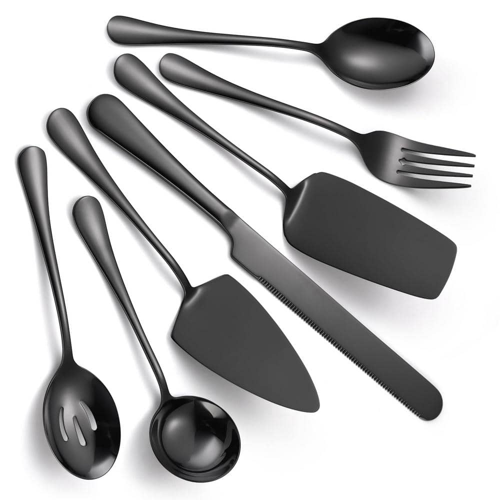 7-Piece Black Stainless Steel Flatware Serving Set Catering Utensils Includ