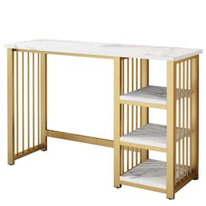 42.13 in. White and Gold Rectangle Marble Grain MDF Console Table with 3 Shelves