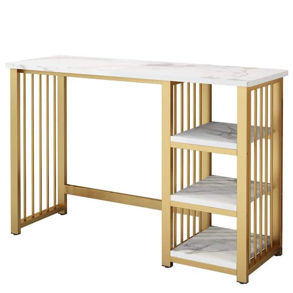 Karl home 42.13 in. White and Gold Rectangle Marble Grain MDF Console Table with 3 Shelves