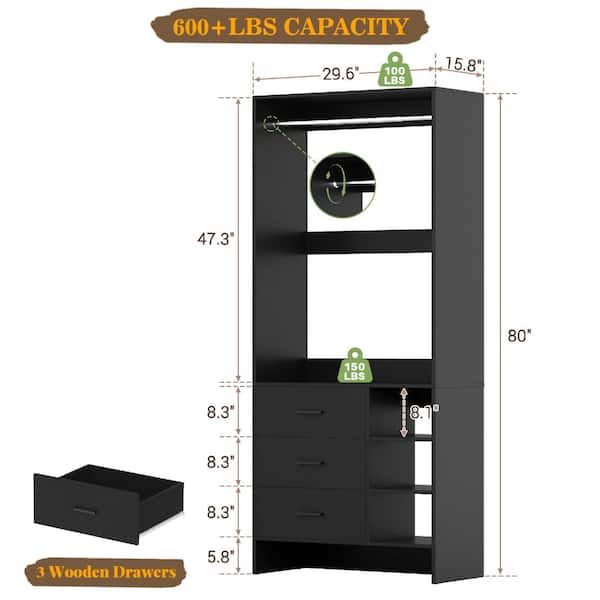 Aheaplus 2.5FT Wood Closet Organizer System with 3 Drawers and