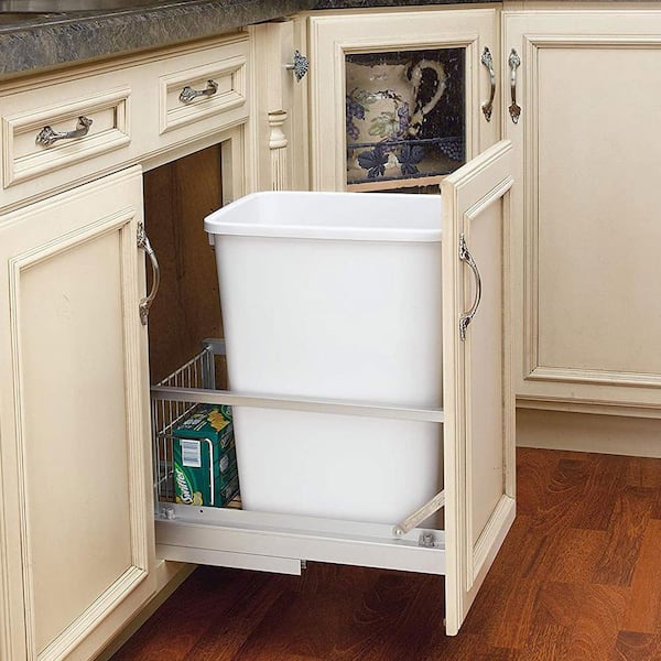 White Single Pull Out 35 qt. Kitchen Trash Can w/ Soft Close, Reduced Depth
