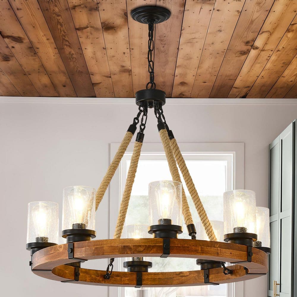 8 Light Brown Round Wood Metal Wagon Wheel Chandelier with Seeded Glass 31.3 in. Farmhouse Rustic Ceiling Light price history on PriceWatchPro