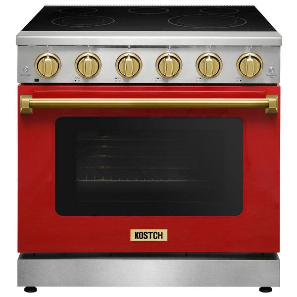 36 in. 5 Elements Freestanding Electric Range with 6.0 cu. ft. True Convection Oven in Red with Bronze Handles