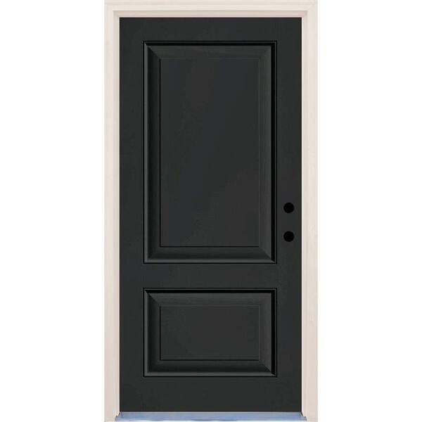 Builder's Choice 36 in. x 80 in. Jet Black 2-Panel Flush Painted Fiberglass Prehung Front Door with Brickmould