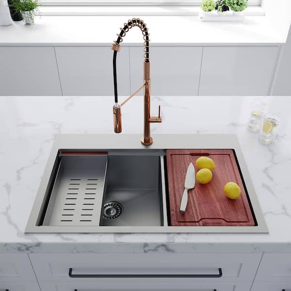 Ravi Stainless Steel 33 in. Double Bowl Drop-In Workstation Kitchen Sink with Accessories