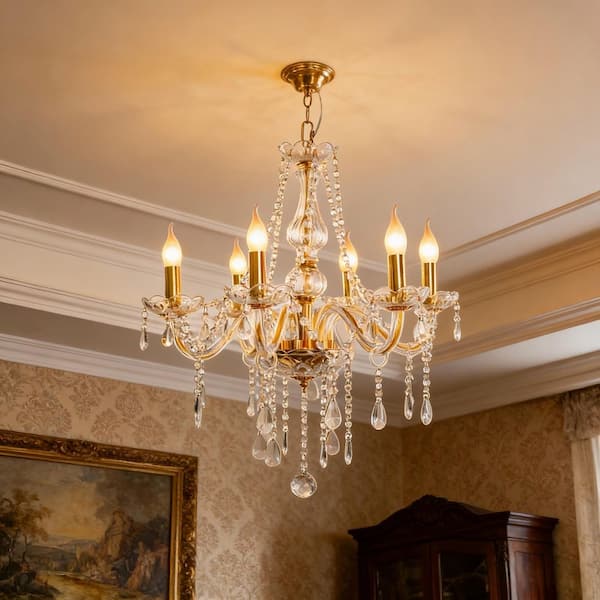6-Light Gold Chandelier with Crystal Shade, E12 Base for Living Room, Dining Room, Entryway(Light Bulbs Not Included)