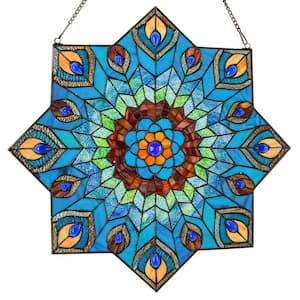 Multi-Colored Stained Glass Peacock Star Window Panel
