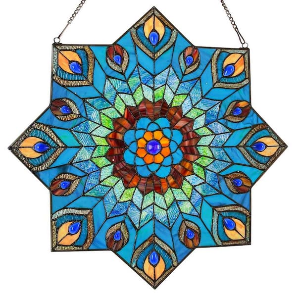 River of Goods Multi-Colored Stained Glass Peacock Star Window Panel