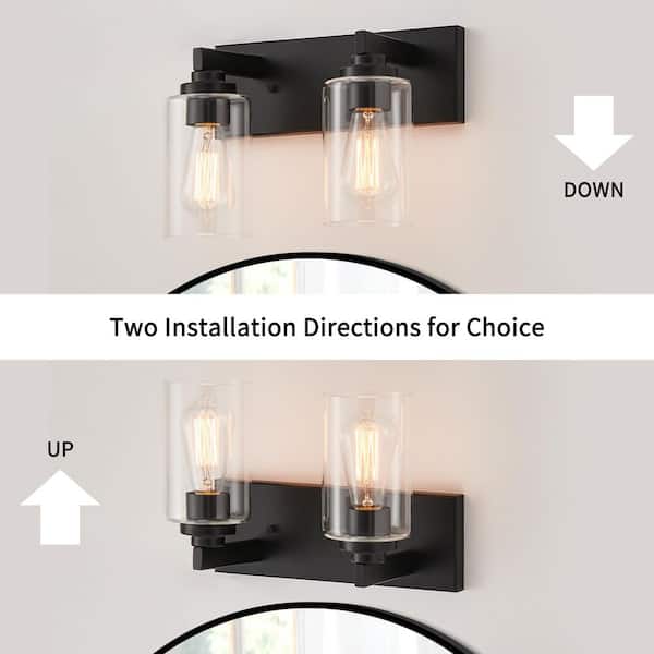 14.12 in. 2-Light Black Vanity Light with Clear Glass Shade