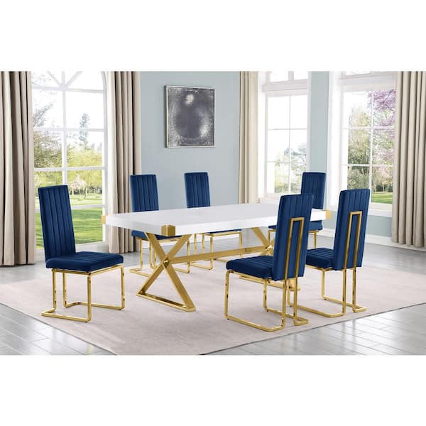 Best Quality Furniture Miguel 7-Piece Rectangle White Wood Top Gold Stainless Steel Dining Set with 6 Navy Blue Velvet Chairs